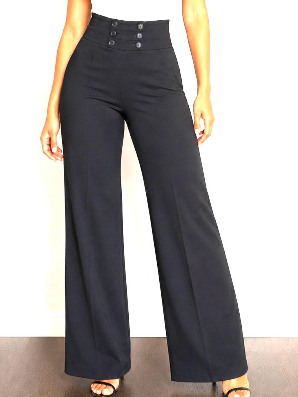 WHBM Chic Black High Waist Wide Leg Trouser Pants Button Detail